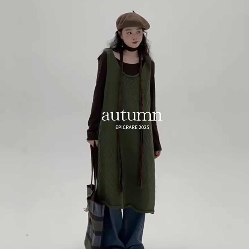 4顏色 大圓領鏤空疊穿開叉洋裝 日系休閒寬松無袖針織背心長裙 - 洋装/连衣裙 - 其他人造纤维 卡其色