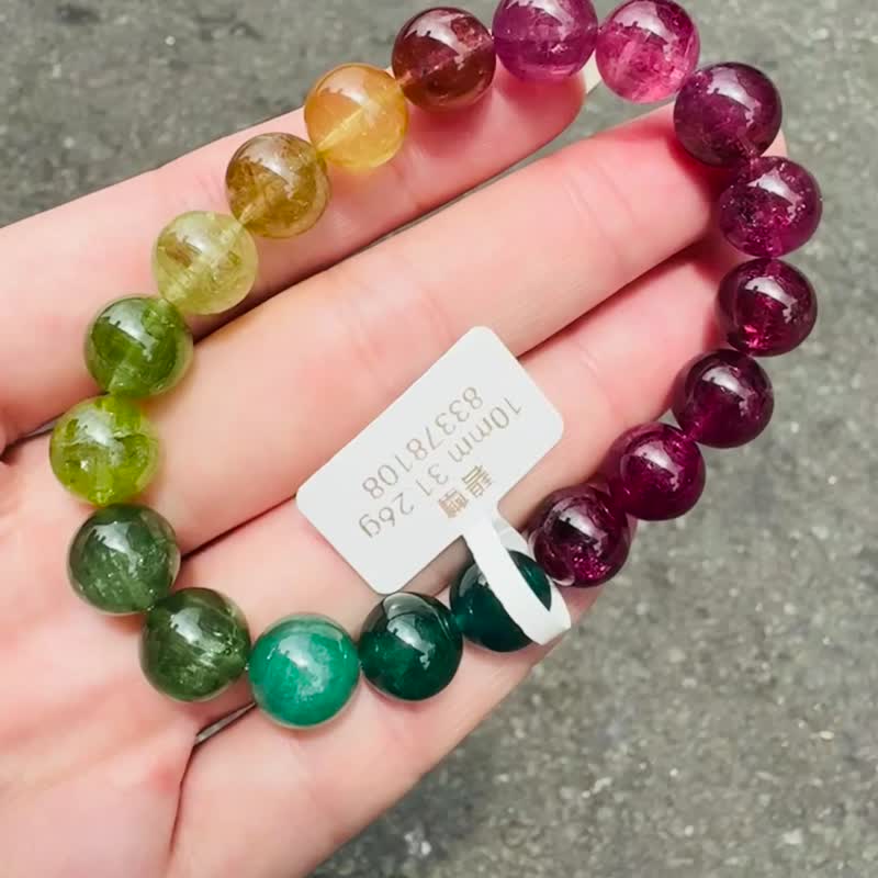 精品天然浓色大珠碧玺 10mm31.26g 经典色系带湖水蓝碧渐层粉色碧玺 - 手链/手环 - 水晶 多色