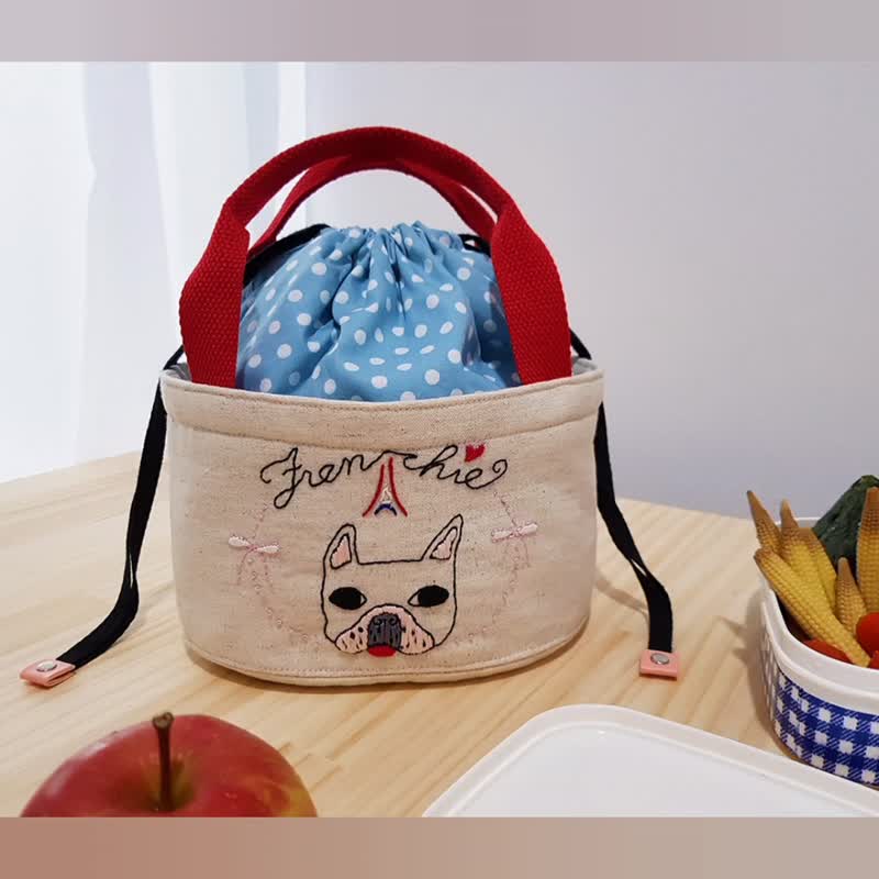 【定制礼物】定制英文名刺绣 保温保冷餐袋 法斗爱巴黎 - 便当盒/饭盒 - 棉．麻 多色