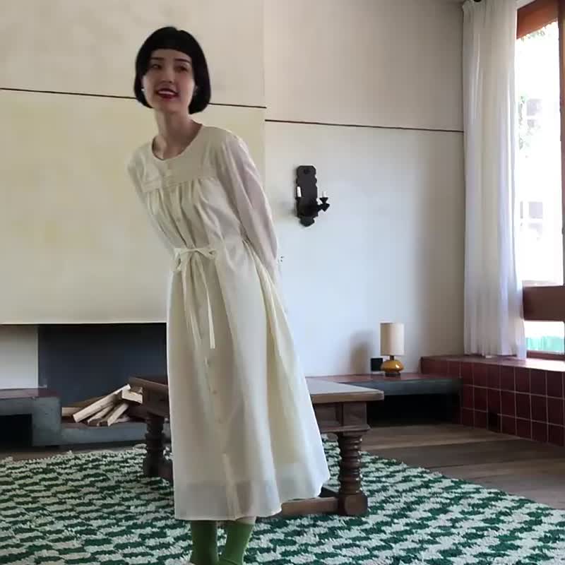 白色波點 花邊袖小圓領甜美洋裝 棉質印花雙層含裏布防透光連身裙 - 洋装/连衣裙 - 棉 白色