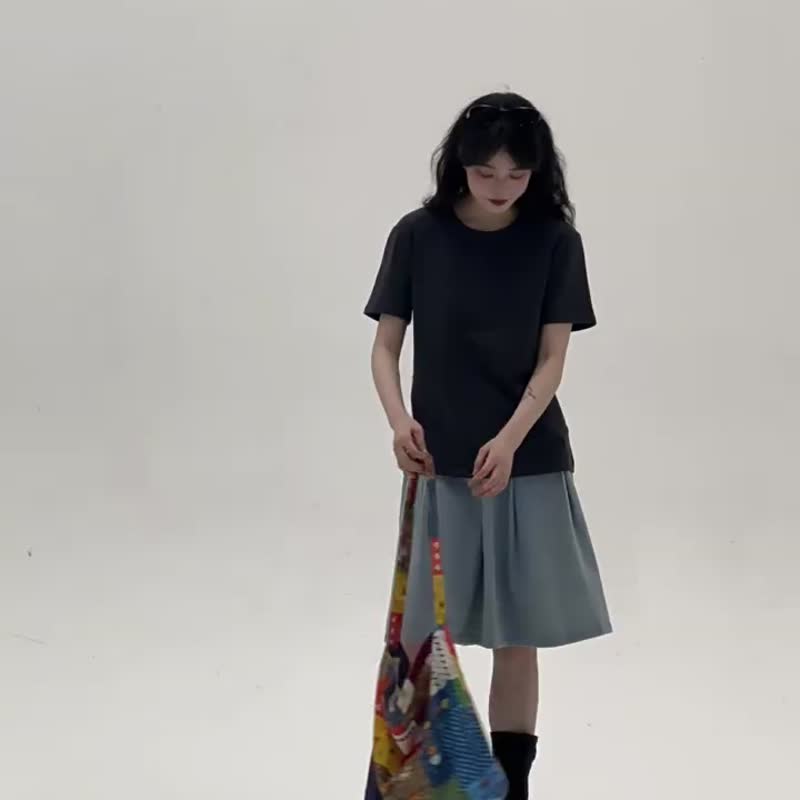 淺藍色 牛仔五分短裙 簡約學院休閒百搭寬松顯瘦百搭中長裙 - 裙子 - 棉．麻 蓝色