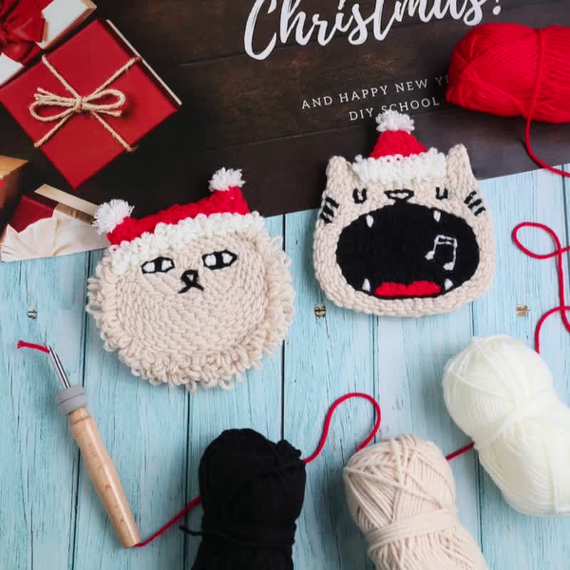 【在家体验】送2只圣诞喵 礼物杯垫/ 俄罗斯刺绣/ 毛线刺绣 - 编织/刺绣/羊毛毡/裁缝 - 棉．麻 红色