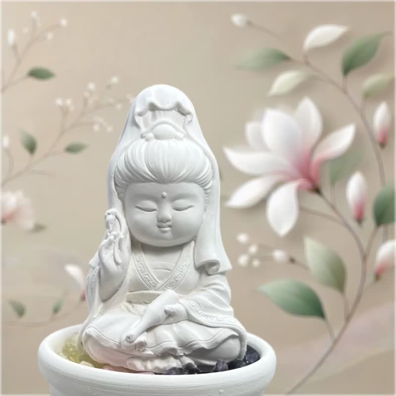 水晶扩香 五行水晶矿石之宝瓶观音小盘套组 开运能量水晶 - 香薰/精油/线香 - 水泥 白色