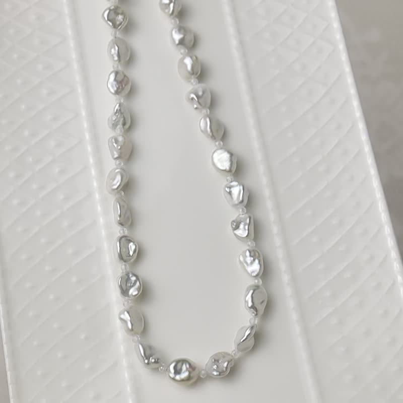 银河冰晶珍珠项链 天然淡水珍珠 巴洛克珍珠  碎银珍珠 OT扣珍珠 - 长链 - 珍珠 白色