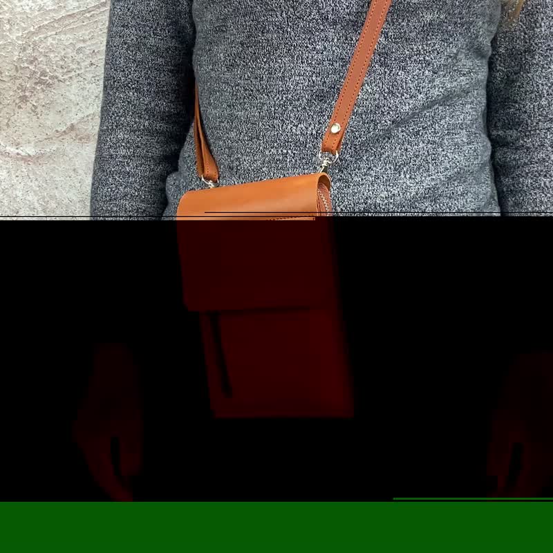 女士皮革单肩包/小号斜挎拉链钱包/棕色 iPhone 包 - 侧背包/斜挎包 - 真皮 咖啡色