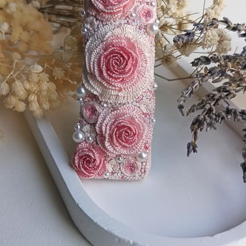 3D立体刺绣玫瑰渐层粉色发夹，点缀珍珠 - 发饰 - 棉．麻 粉红色