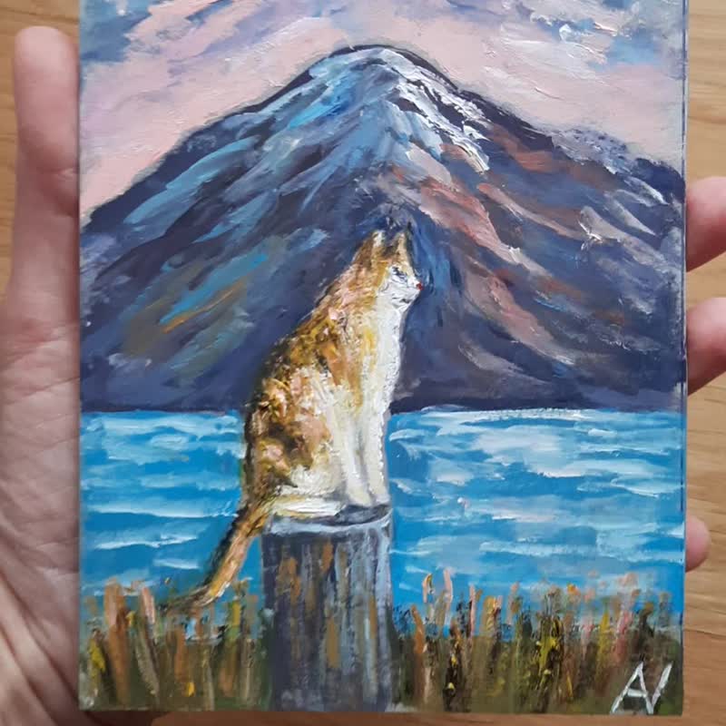 猫咪风景原作油画，3D 印象派动物微型艺术 - 墙贴/壁贴 - 纸 