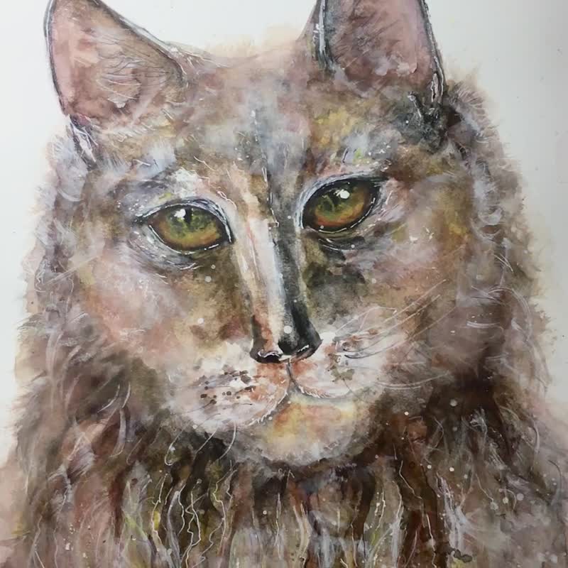 静谧之森的守护者 – 原创水彩山猫肖像画 (A4) - 订制画像 - 纸 