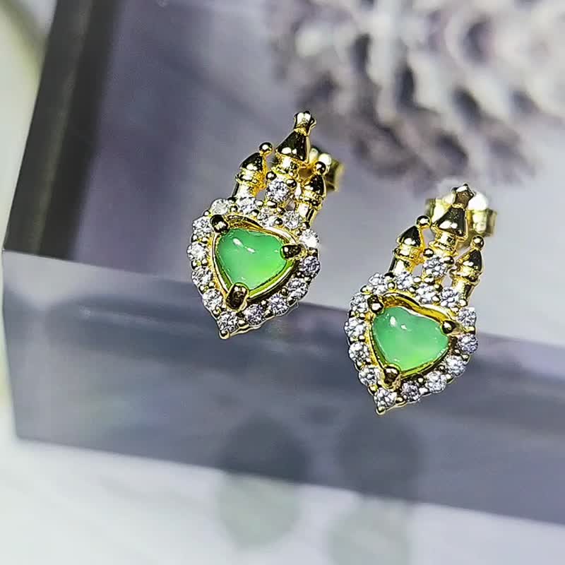 招财|在逃公主冰胶甜果绿爱心|缅甸A货翡翠纯银城堡款耳环 - 耳环/耳夹 - 玉石 