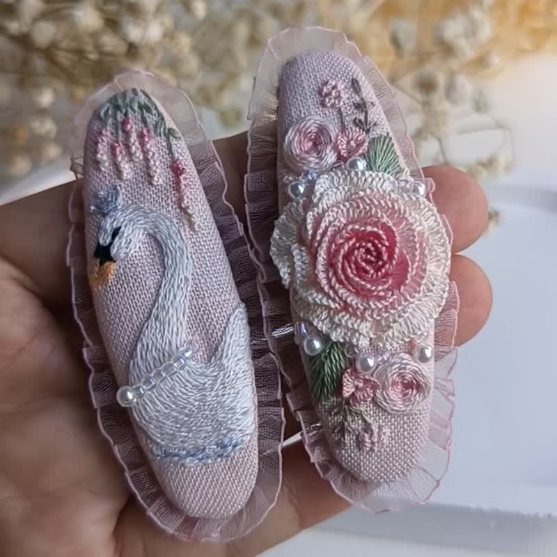 天鹅发夹，发夹，发饰，一对发夹，hair clip, hair pin - 发饰 - 棉．麻 粉红色