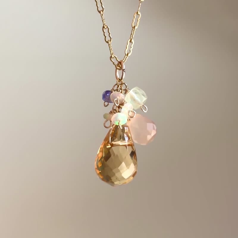 蜂蜜项链 14KGF 大颗黄水晶 蛋白石 坦桑石 葡萄石 - 项链 - 宝石 黄色