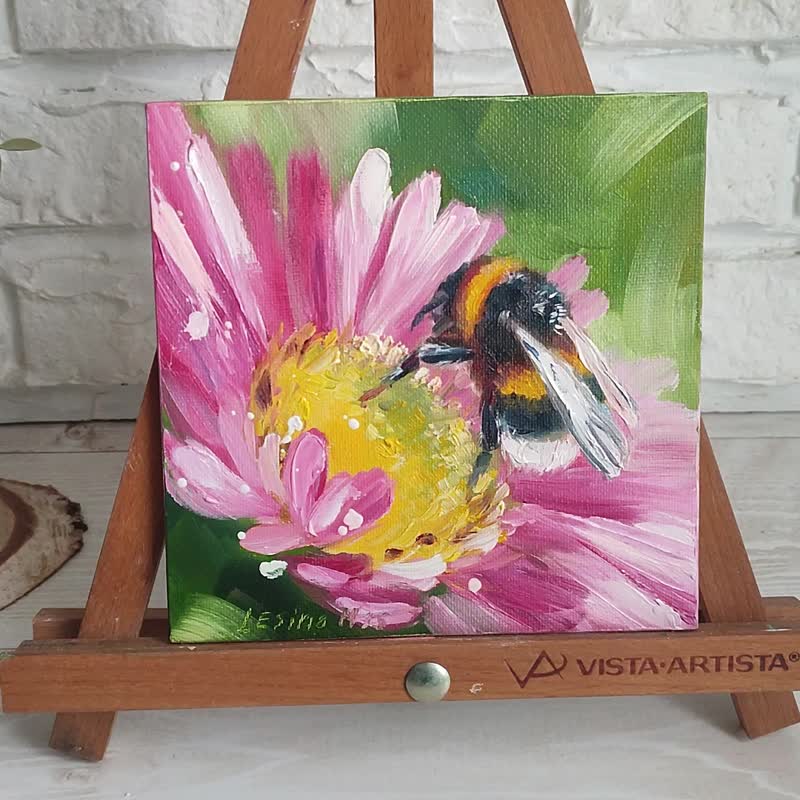 熊蜂油画 蜜蜂 小幅艺术 蜜蜂画作 花卉画 蜜蜂油画艺术 - 墙贴/壁贴 - 其他材质 粉红色