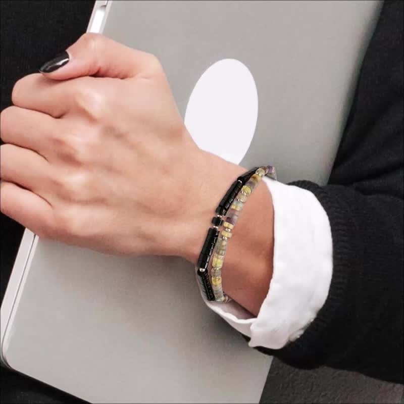 925银水晶手串 银珠x天然石鼓珠 老萤石 黑玛瑙 2选1 弹性手围 - 手链/手环 - 纯银 多色