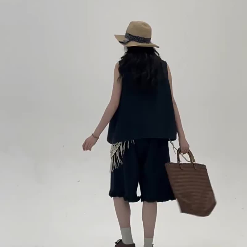 牧場少女牛仔套裝 簡約休閒百搭寬松顯瘦無袖套裝 - 女装背心 - 棉 蓝色