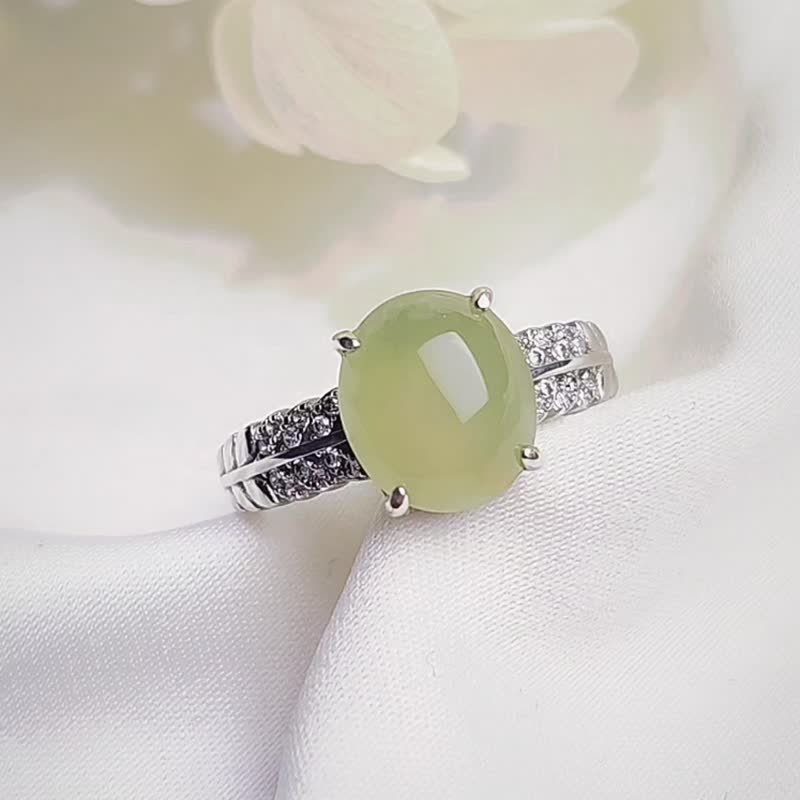 家财万贯|无烧冰黄翡大蛋面|缅甸A货翡翠纯银麦穗款戒指 - 戒指 - 玉石 