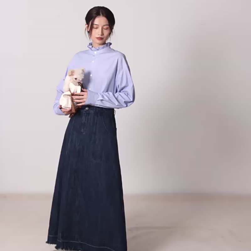 牛仔蓝色 秋冬百搭休闲通勤A字显瘦裙子 深蓝牛仔半身毛边长裙 - 裙子 - 棉．麻 蓝色