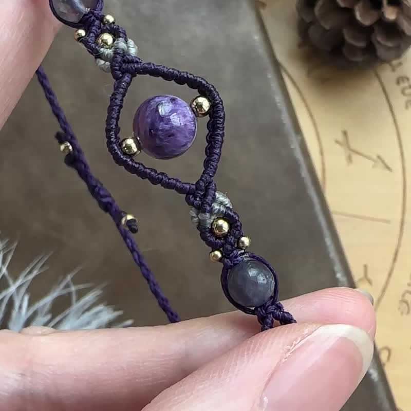 BB99 民族风 蜡线编织 紫龙晶珠 手环 (可调长度) - 手链/手环 - 宝石 紫色