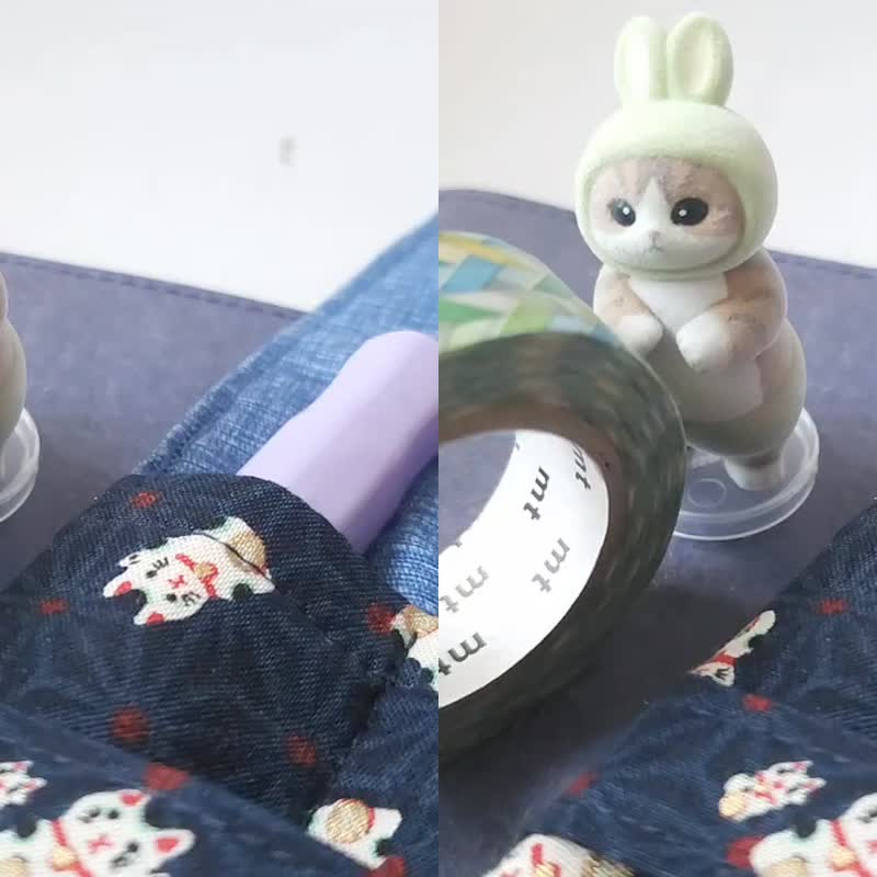 3枝装钢笔笔套, 和风布笔袋--深蓝色日本招财猫 - 铅笔盒/笔袋 - 棉．麻 蓝色