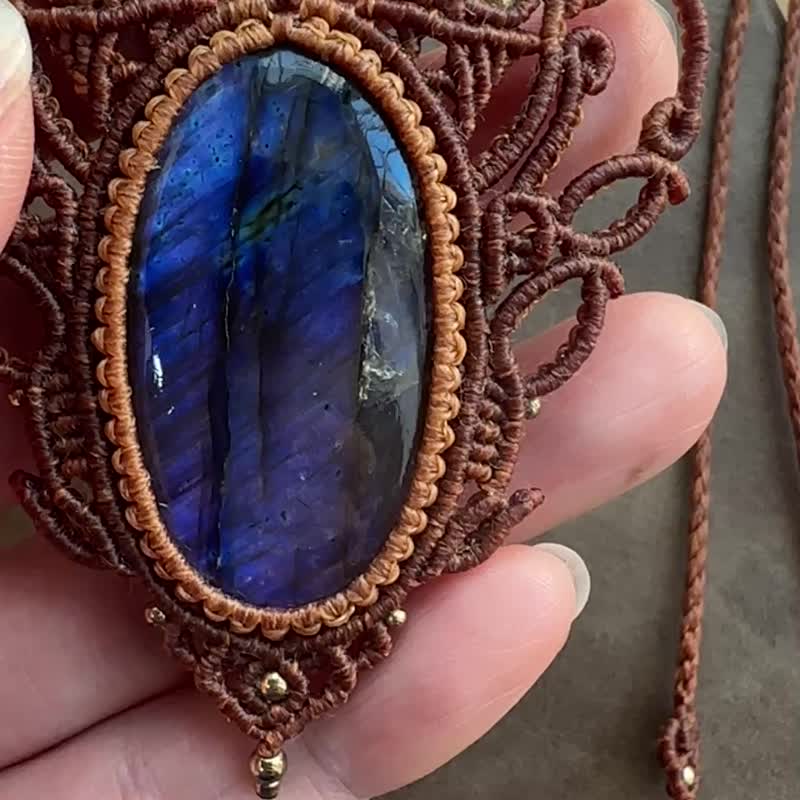 N380 民族风 南美蜡线编织 拉长石 铜珠项链 (可调长度) - 项链 - 宝石 咖啡色