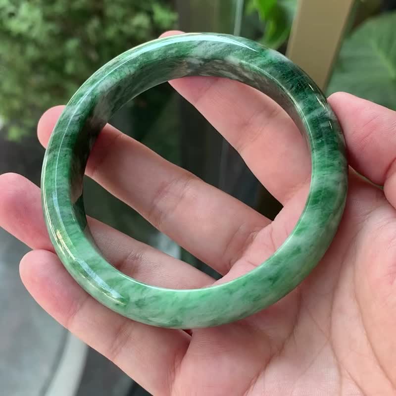 丝念 | 糯种 / 花青 / 平安镯 / 手围19-19.5 | 天然A货翡翠手镯 - 手链/手环 - 玉石 绿色