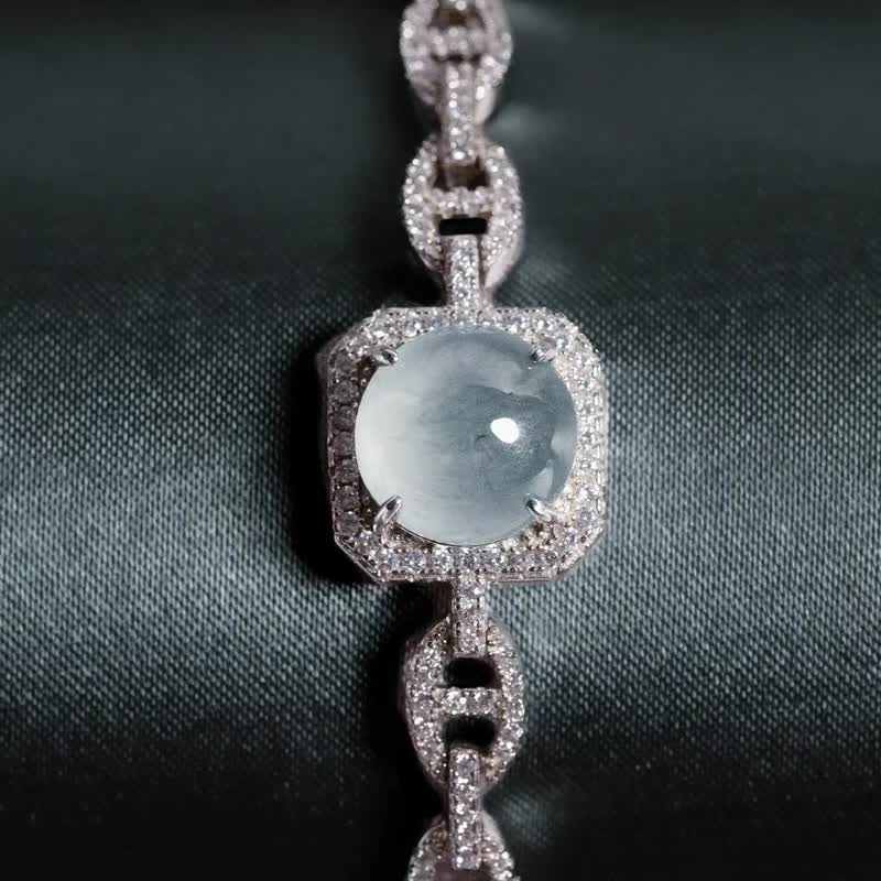 招财|雪精灵|A货翡翠高冰晴蓝飘花放光大蛋面10mm纯银镀18k豪华手 - 手链/手环 - 玉石 