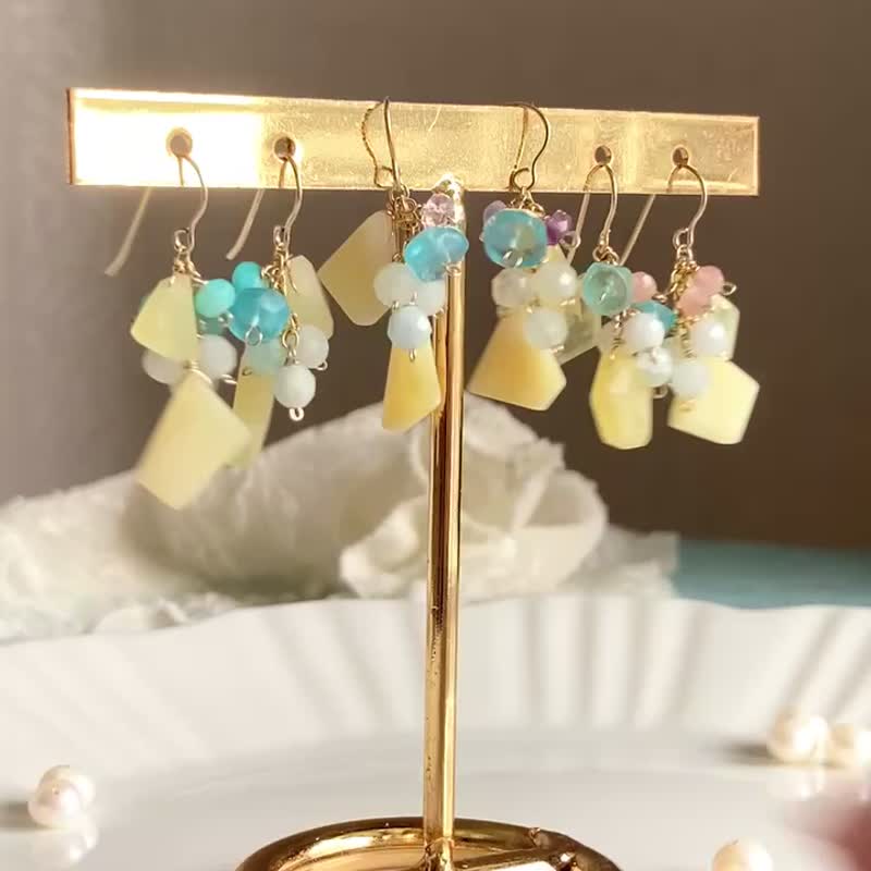 海之世界 14KGF 黄色蛋白石 短耳环 / 耳夹 / 独一无二 - 耳环/耳夹 - 宝石 黄色