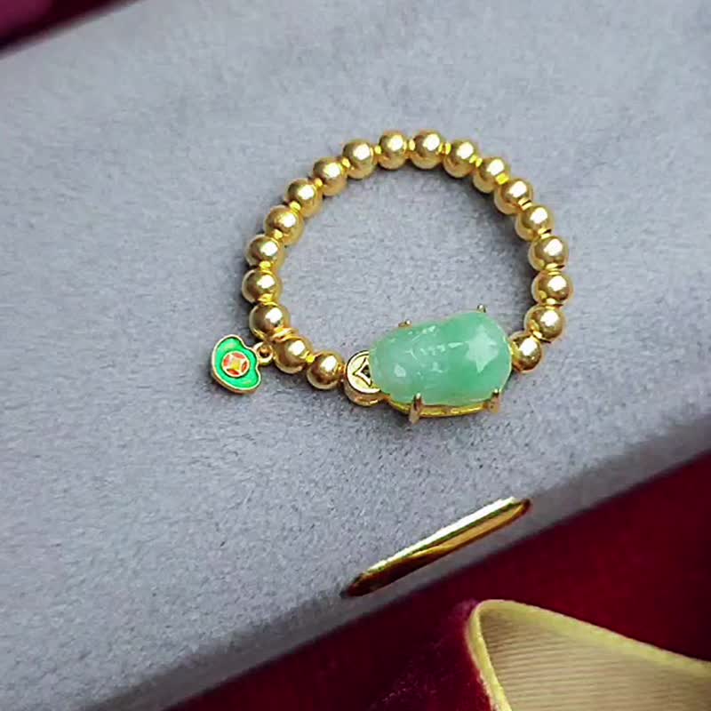 招财神兽|绿貔貅万用台|缅甸A货翡翠纯银金珠设计款戒指 - 戒指 - 玉石 