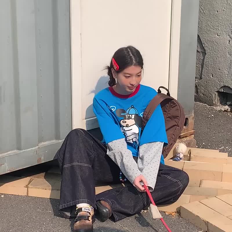 oddmaker 爱心小狗复古假两件印花长袖T恤女春秋撞色条纹纯棉宽松 - 女装 T 恤 - 棉．麻 