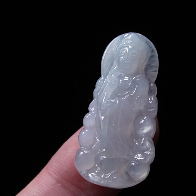 冰种翡翠观音菩萨 | 裸石 | 天然缅甸玉翡翠A货 | 送礼 - 项链 - 玉石 白色