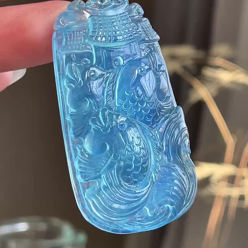 天然海蓝宝925银镶鲤鱼跃龙门吊坠   送925银链 - 项链 - 水晶 