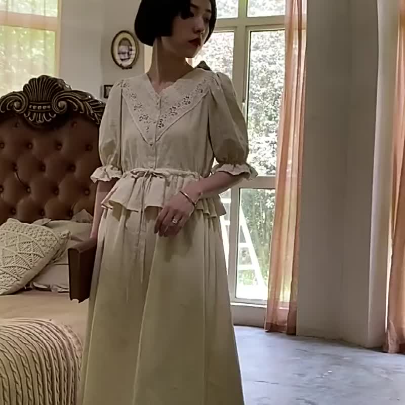 奶酪色 花邊V領束腰假兩件洋裝 法式復古鏤空設計收腰顯瘦連身裙 - 洋装/连衣裙 - 棉．麻 白色