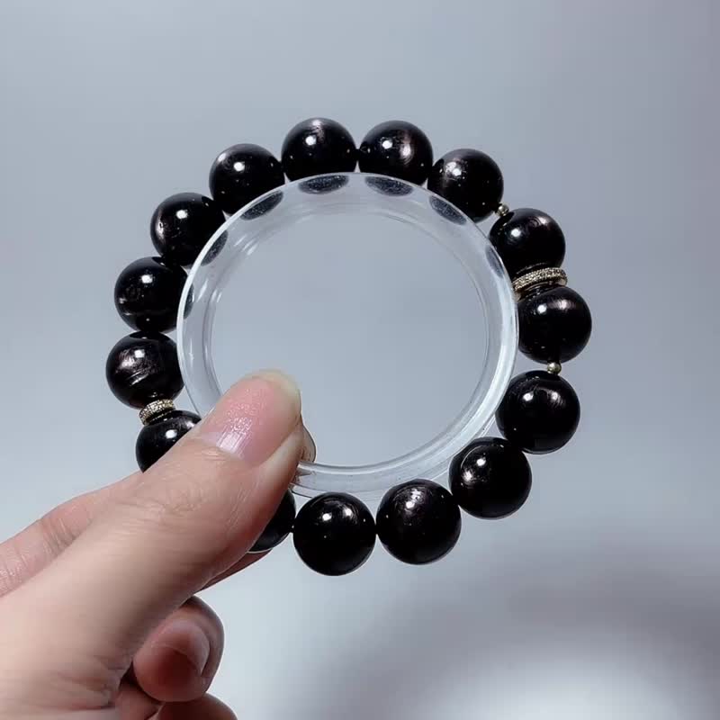 天然矿石 顶级 金运石 13.5 mm 手链 - 手链/手环 - 宝石 黑色