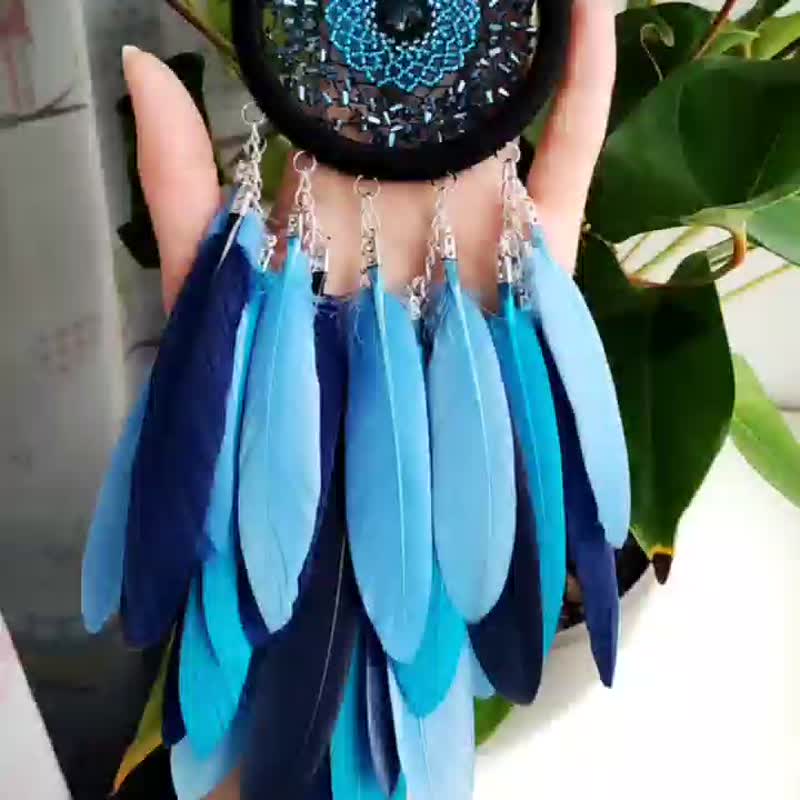 Handcrafted Small Blue Dream Catcher with Intricate Beaded Web - Birthday Gift - 墙贴/壁贴 - 玻璃 蓝色