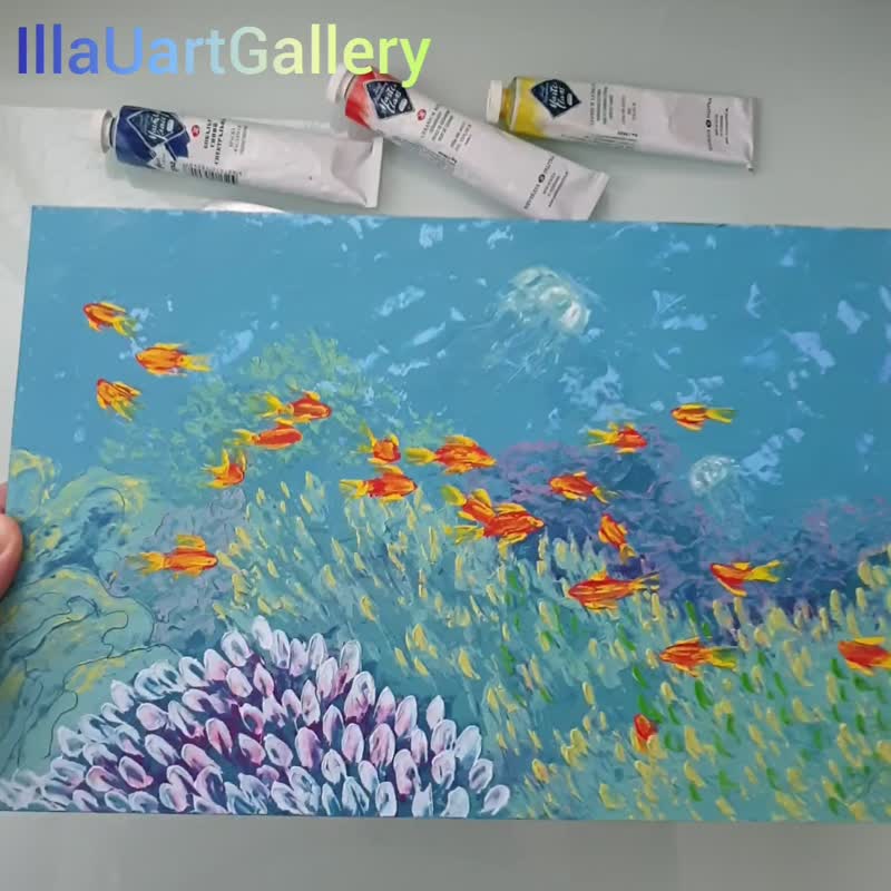 Fish Painting Coral Original Art Underwater Wall Art Sea Life Oil Painting - 海报/装饰画/版画 - 其他材质 多色