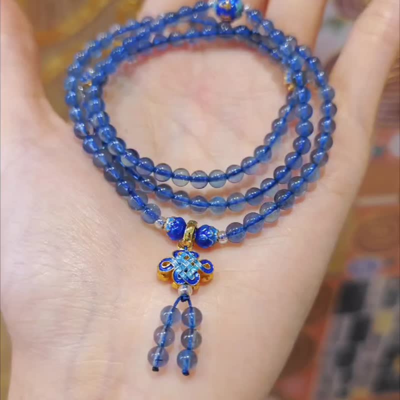 魔鬼蓝海蓝宝 盘长 六字真言 108手串念珠 4.5mm 单品 礼物 独家 - 手链/手环 - 宝石 蓝色