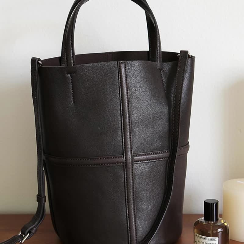 sobag韩版极简头层牛皮手提单肩水桶包女ins高级感真皮通勤斜挎包 - 侧背包/斜挎包 - 真皮 咖啡色