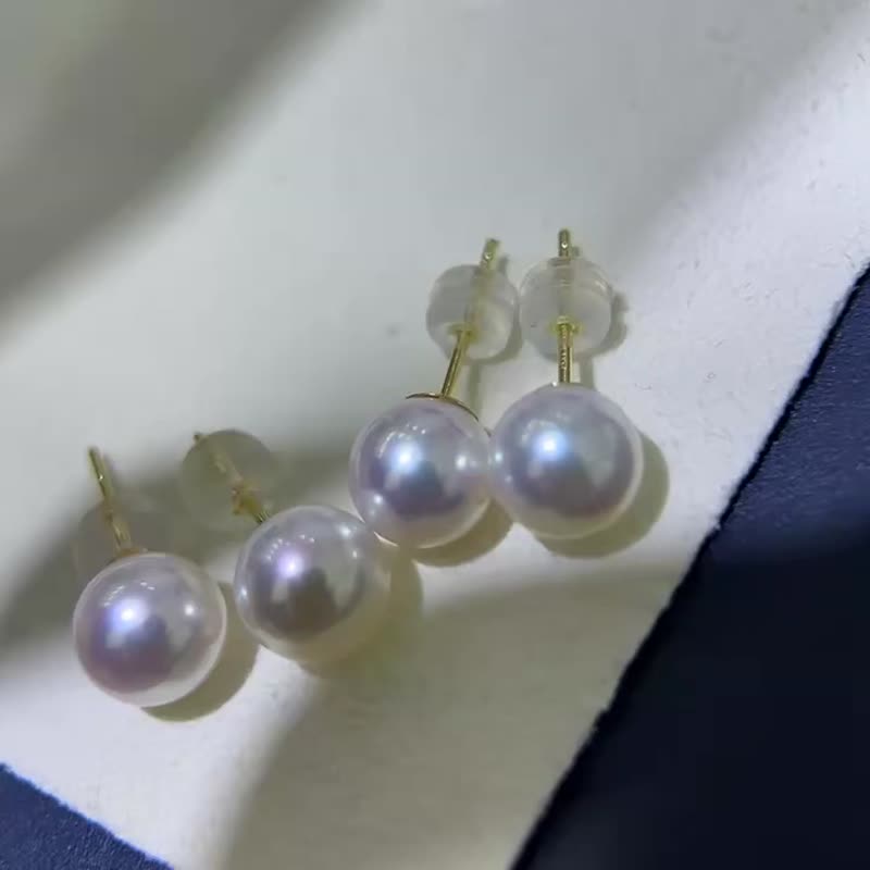 天然海水珍珠 akoya 樱花粉 18k金 耳钉 - 耳环/耳夹 - 珍珠 白色