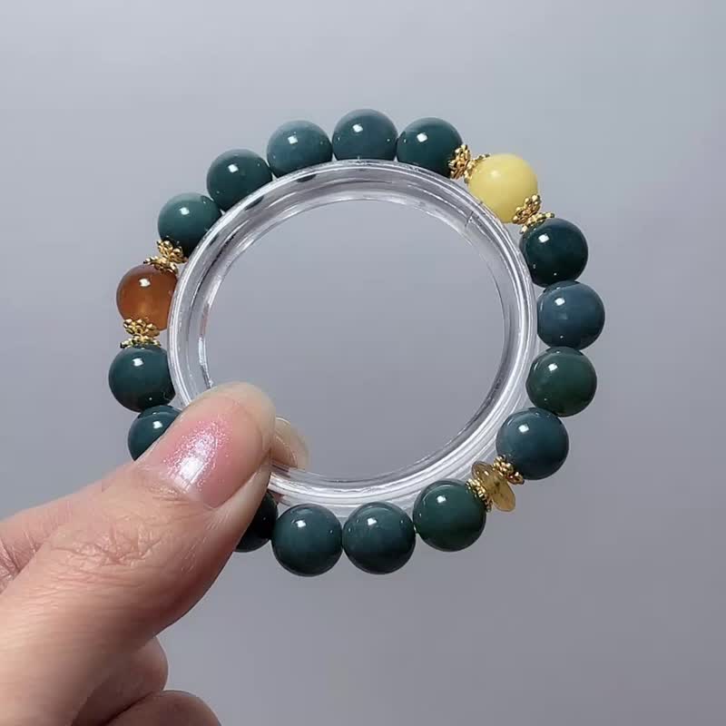 天然原矿 蓝水翡翠 9.8 mm 蜜蜡 澄石榴 黄碧玺 手链 - 手链/手环 - 玉石 绿色