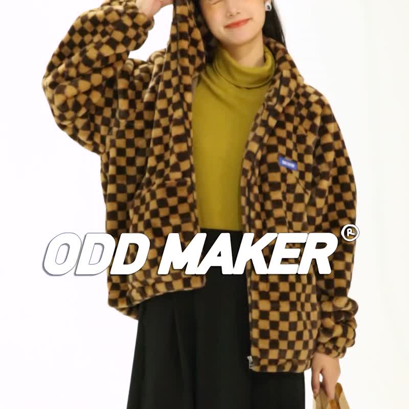 odd maker 棋盘格棕色毛绒外套女羊羔毛复古宽松休闲短款原创秋冬 - 女装上衣 - 其他人造纤维 