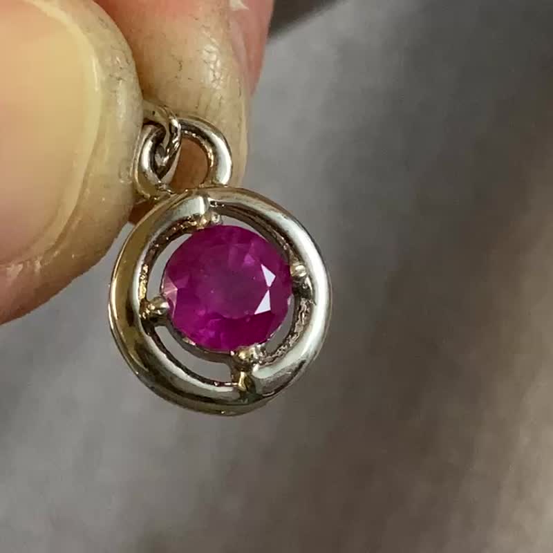 天然 红宝石 圆 项链 坠 印度制 925纯银 - 项链 - 宝石 红色