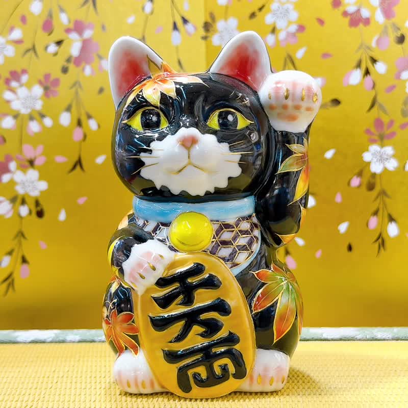 【枫影恋心】日本清水烧招财猫 | 黑地红叶 - 摆饰 - 瓷 黑色