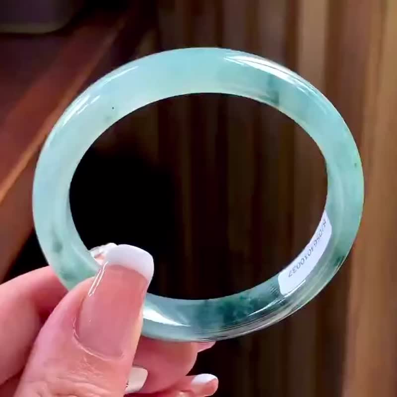 冰种翡翠天然翡翠玉镯A玉手镯 玉鈪 • 冰种水墨丹青翡翠福镯 - 手链/手环 - 玉石 蓝色
