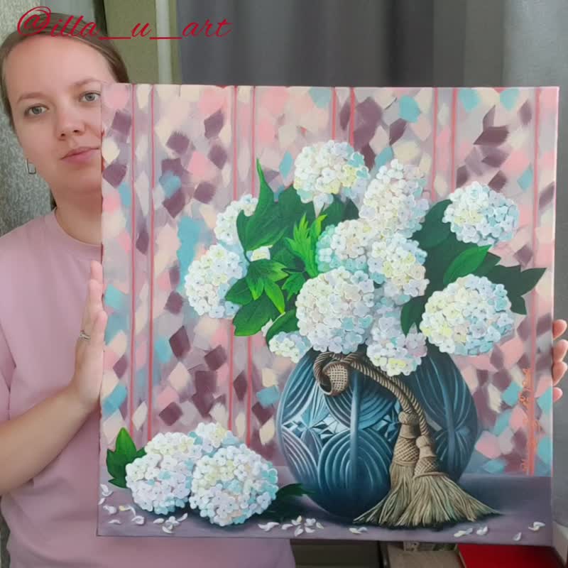 Hydrangea Painting Still Life Original Art Bouquet Wall Art Canvas Oil Painting - 海报/装饰画/版画 - 棉 多色