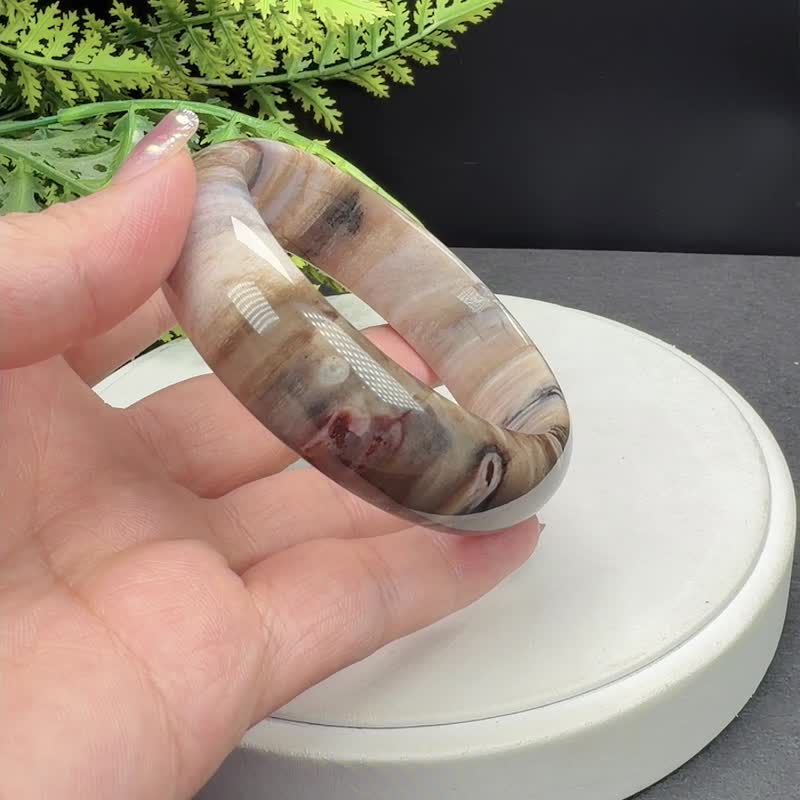 缅甸树化玉手镯 58MM 高瓷玉化千层年轮纹多彩 吸引财富护佑雅致 - 手链/手环 - 玉石 多色