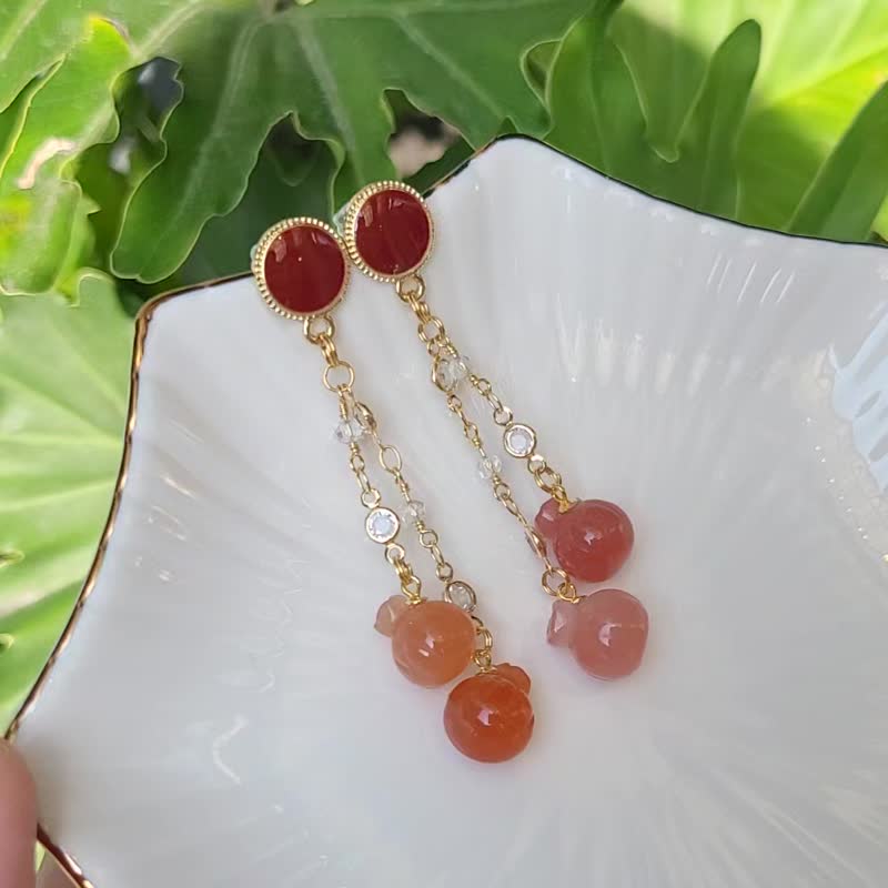 玛瑙 福袋 钱袋 红运当头 四四顺利 招财 流苏 耳环 单品 礼物 - 耳环/耳夹 - 宝石 红色