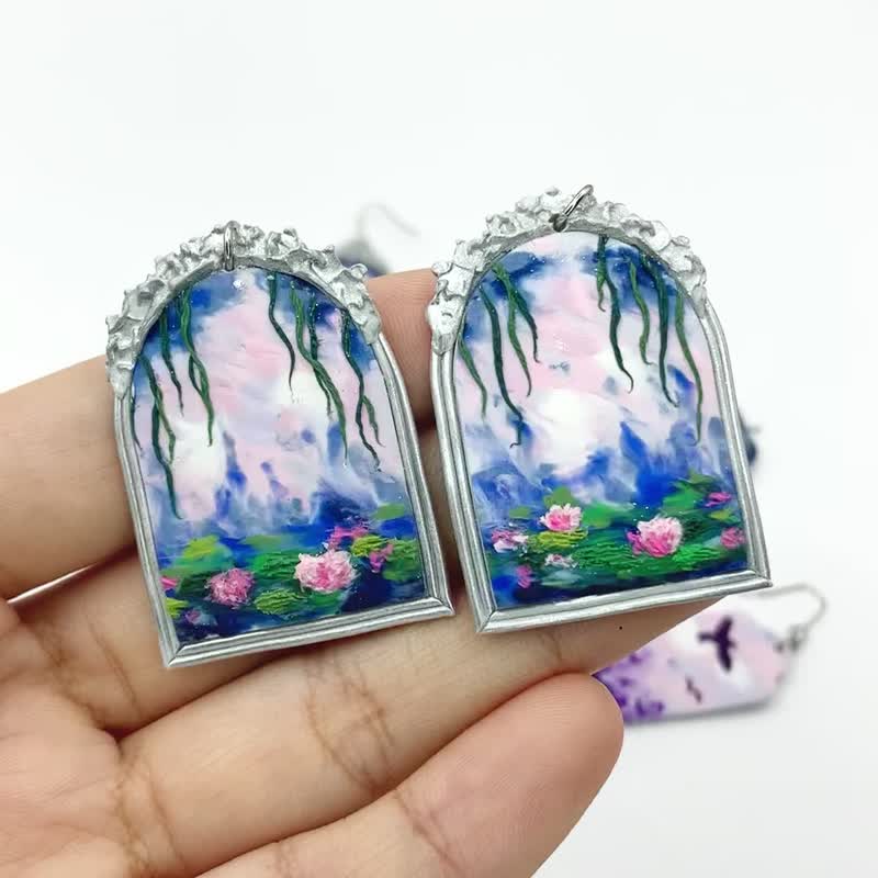 莫内系列02/耳环耳夹/软陶 - 耳环/耳夹 - 粘土 粉红色