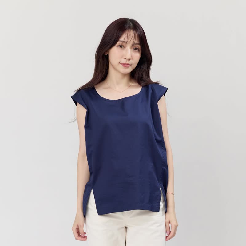 Dolly 簡約棉質夏日無袖小開岔上衣 - 女装背心 - 棉．麻 蓝色