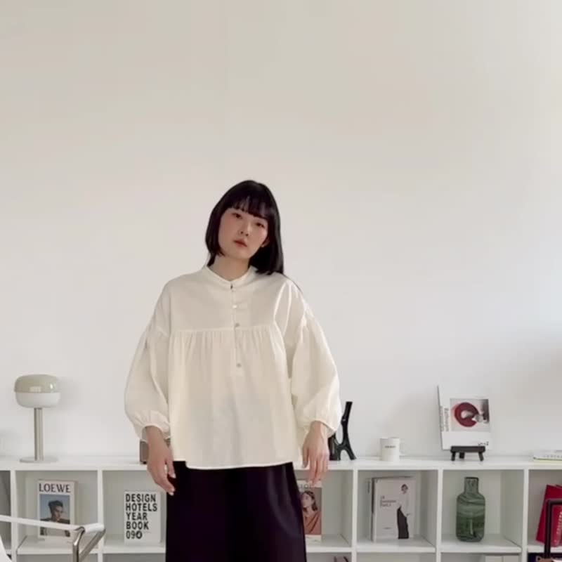 白色立领灯笼袖上衣 亚麻混纺 宽松版型 - 女装衬衫 - 亚麻 白色