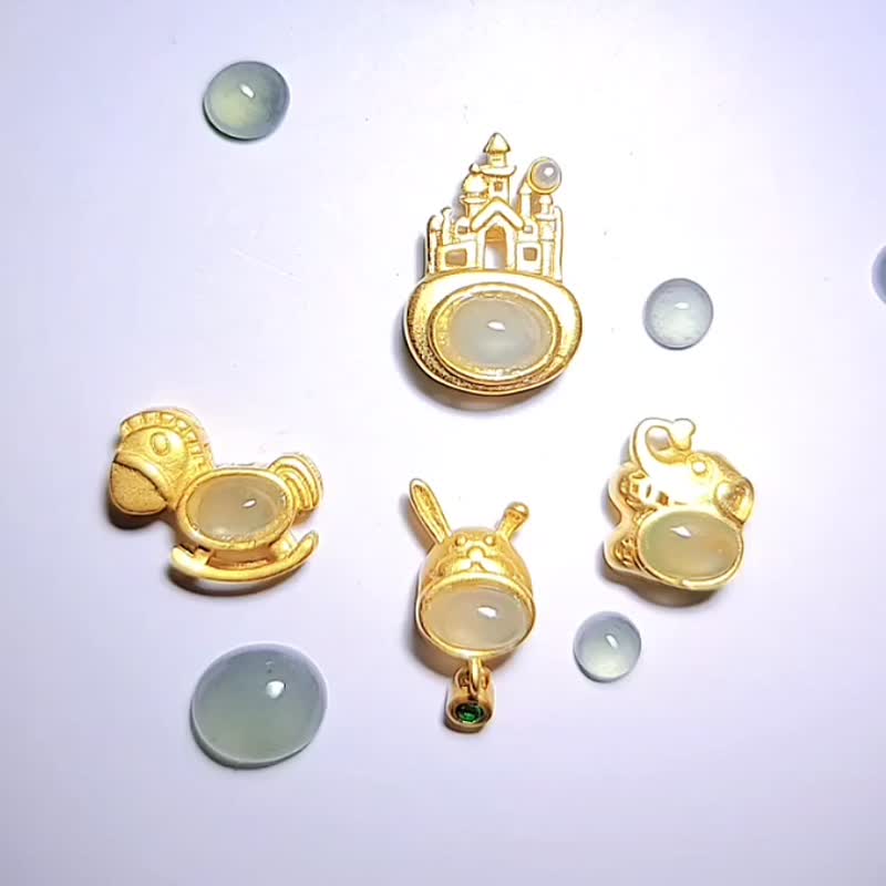 缅甸A货翡翠纯银镀金古法金工艺镶嵌冰起刚蛋面万用台 - 项链 - 玉石 