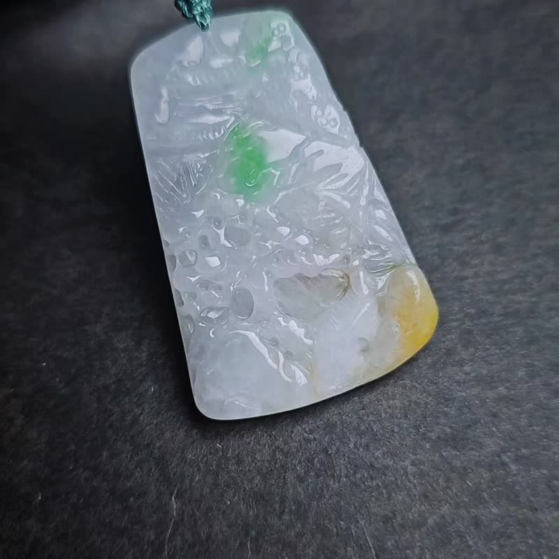 招财•前途无量•顺风顺水|细糯冰三彩山水牌|缅甸A货翡翠吊坠 - 项链 - 玉石 